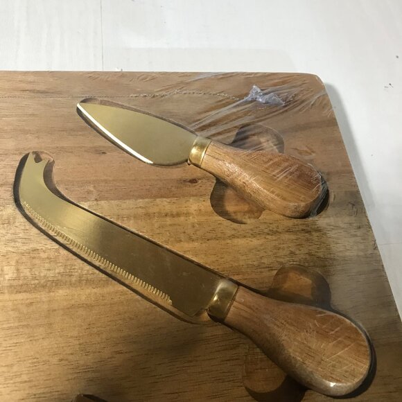 Acacia Wood Cheese Board Charcuterie Board 3 Stainless Steel Knives Gold Tone - Picture 8 of 9